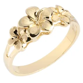 14K Yellow Gold Triple Plumeria Ring Sandblast Polish Edge (S)