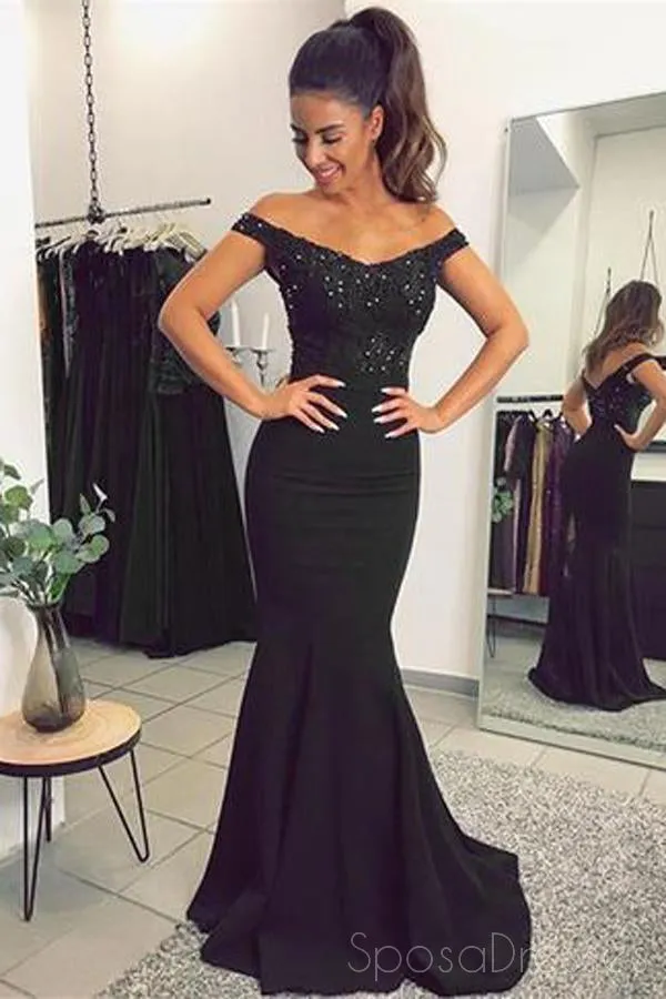 2018 Off Shoulder Black Mermaid Long Evening Prom Dresses, 17456