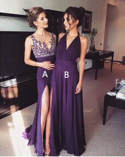 2018 Purple Chiffon Side Slit Long Evening Prom Dresses, 17577