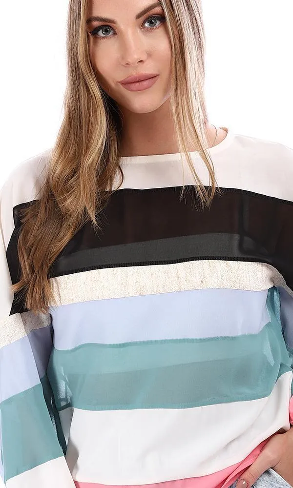 94810 Stripped Color Block Scoop Cole Blouse - White