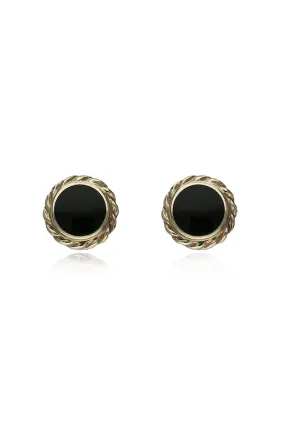 9ct Yellow Gold Whitby Jet Rope Edge Round Stud Earrings