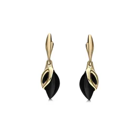 9ct Yellow Gold Whitby Jet Teardrop Leaf Drop Earrings