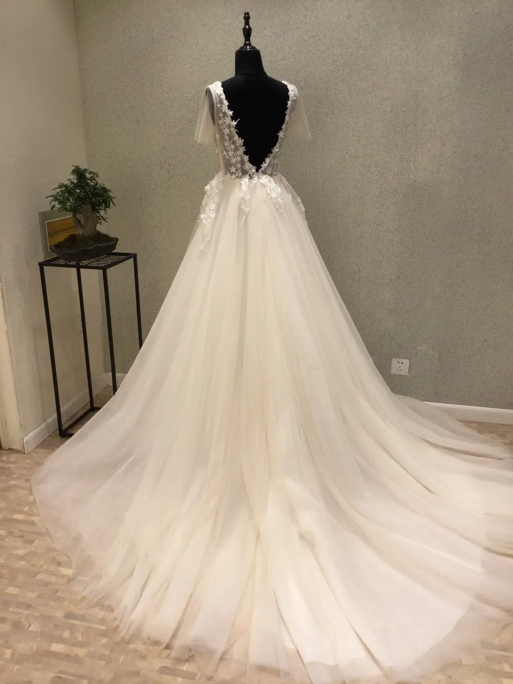 Affordable Short Sleeves V Back Elegant Long Wedding Dresses, WG1230