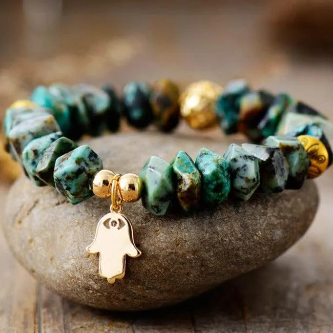 African Turquoise Stretchy Bracelet w/ Hamsa Charm