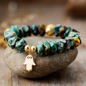 African Turquoise Stretchy Bracelet w/ Hamsa Charm