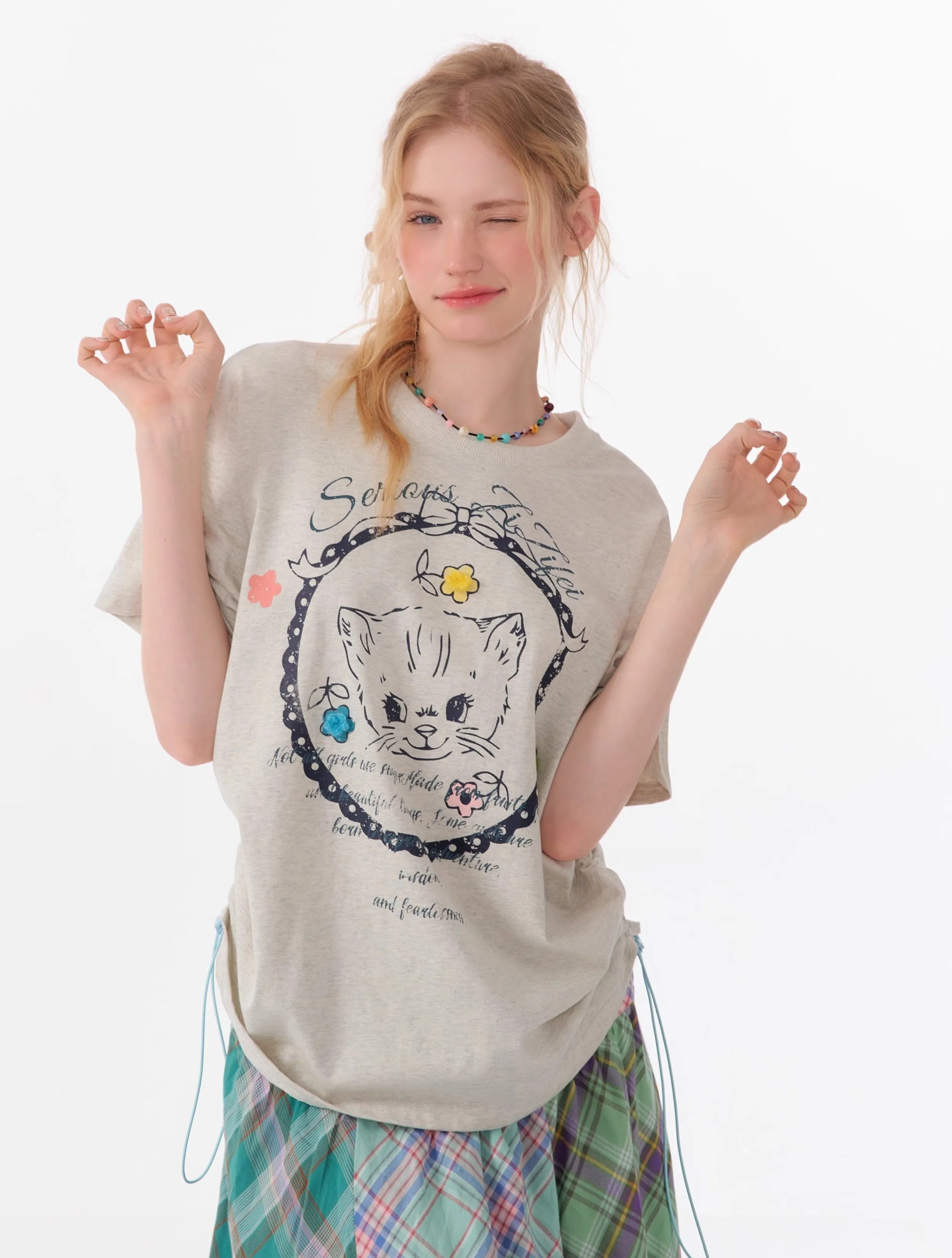 American Style Loose Cat Print Short-sleeved T-shirt  ZIZ0099