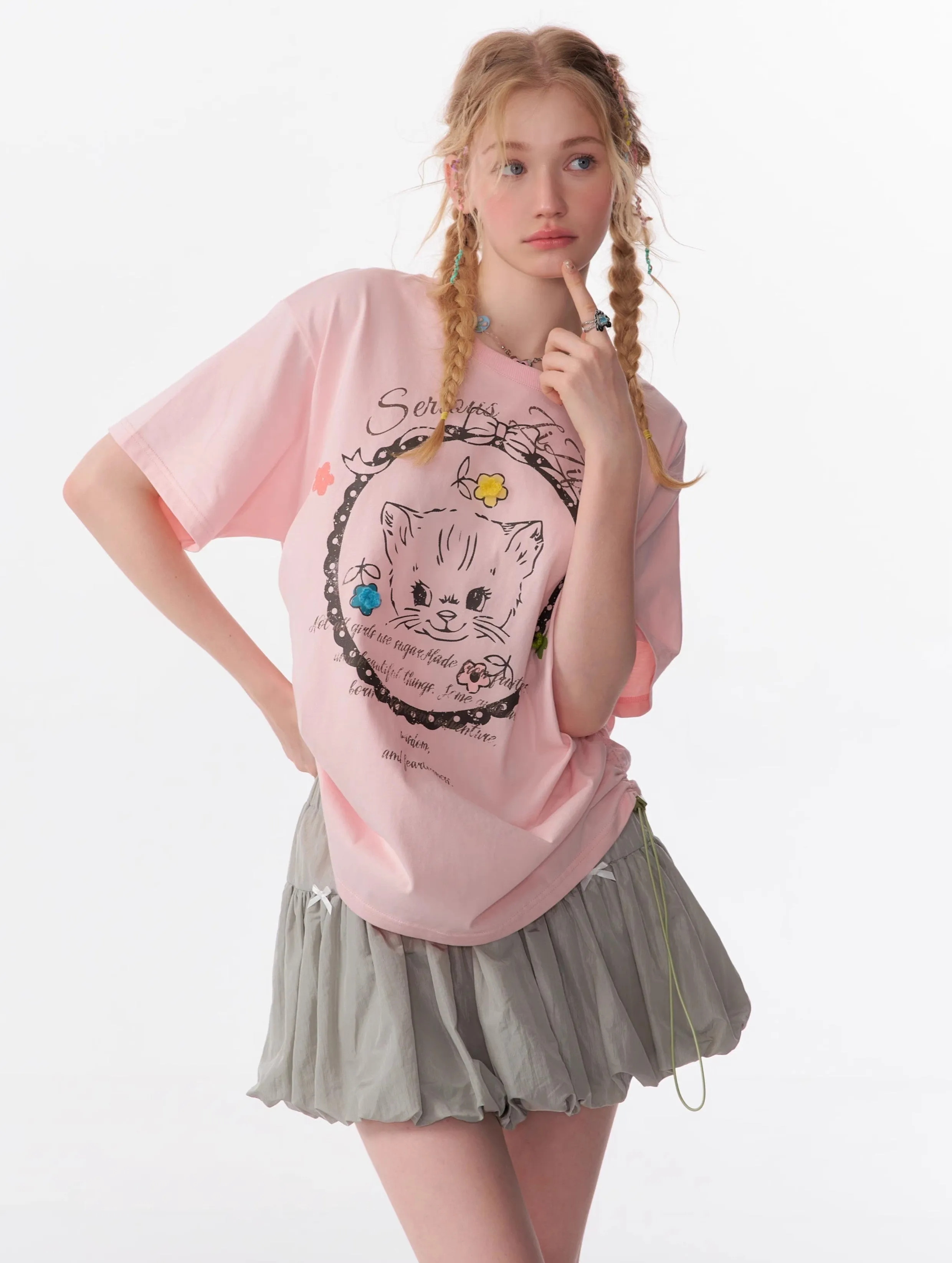 American Style Loose Cat Print Short-sleeved T-shirt  ZIZ0099