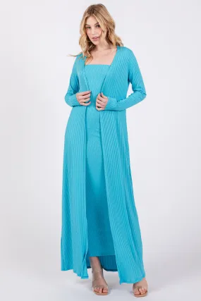 Aqua Ribbed Sleeveless Dress Cardigan Set