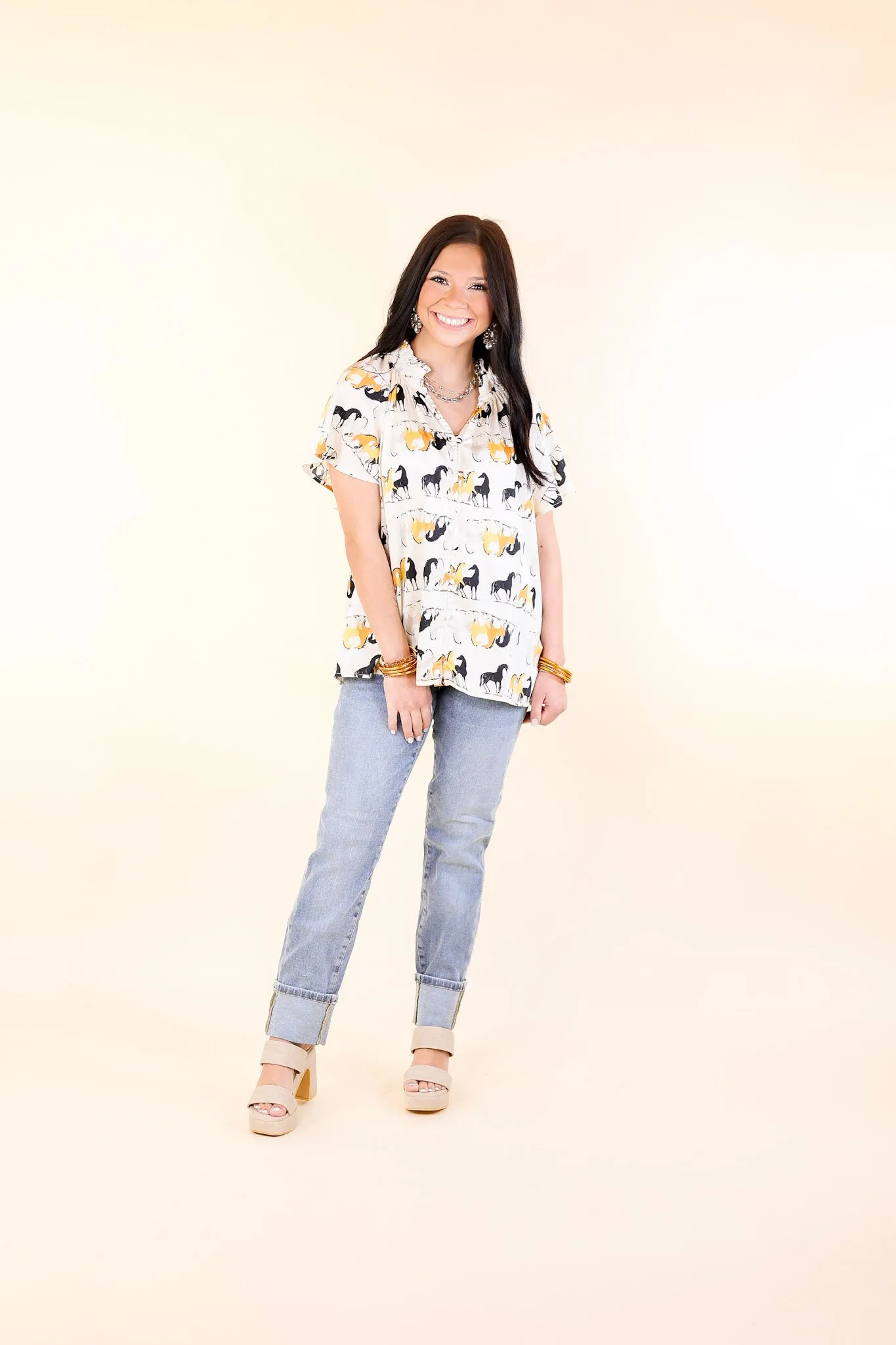 Away We Go Button Up Horse Print Shirt in Ivory