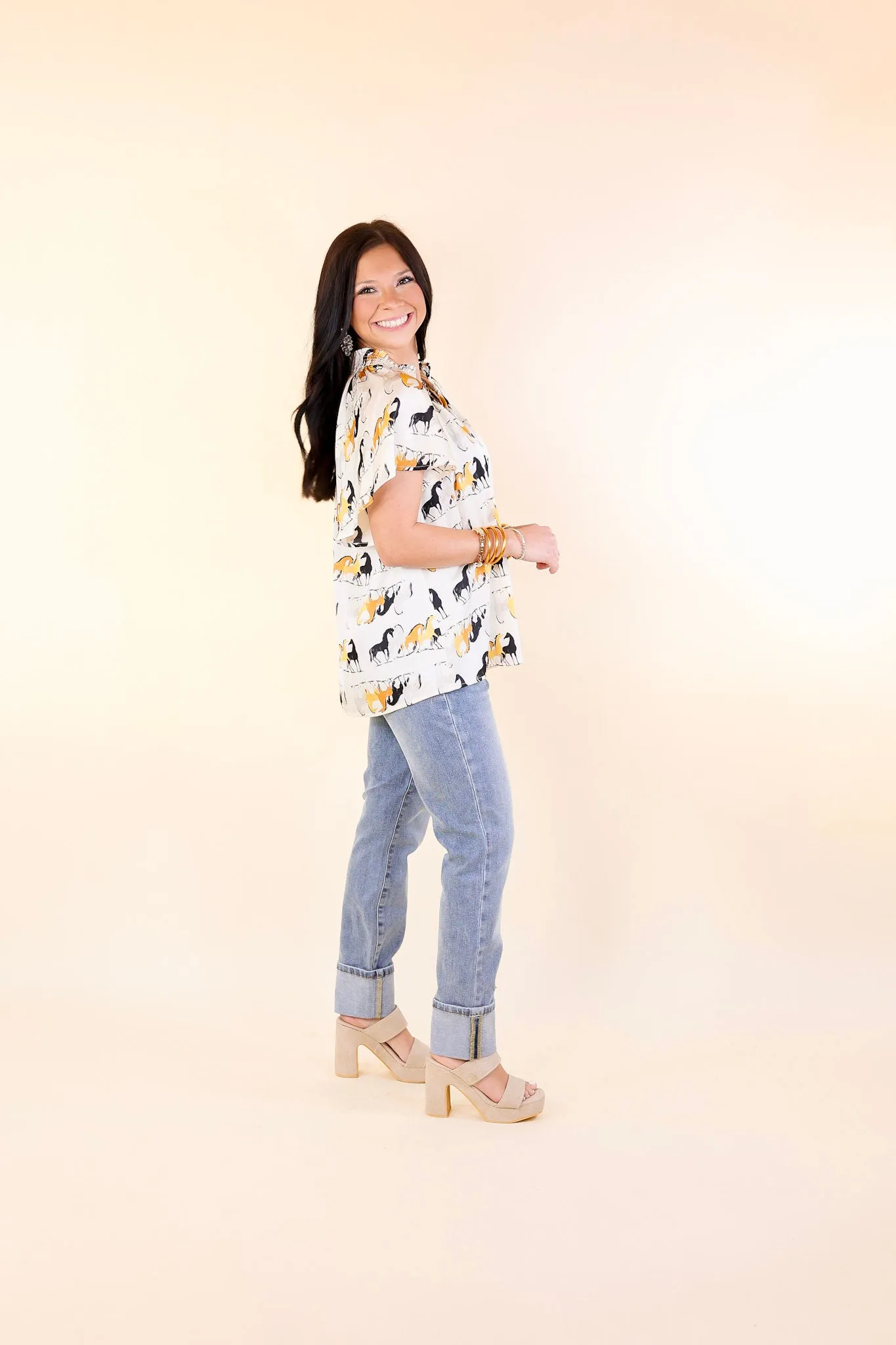 Away We Go Button Up Horse Print Shirt in Ivory