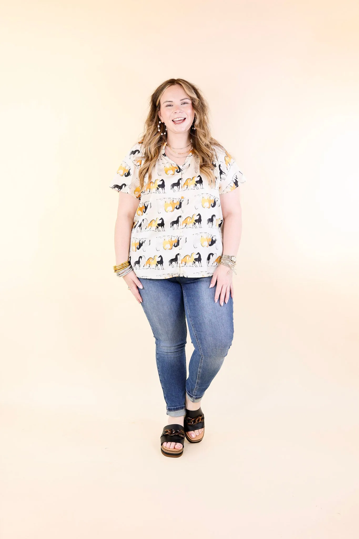 Away We Go Button Up Horse Print Shirt in Ivory