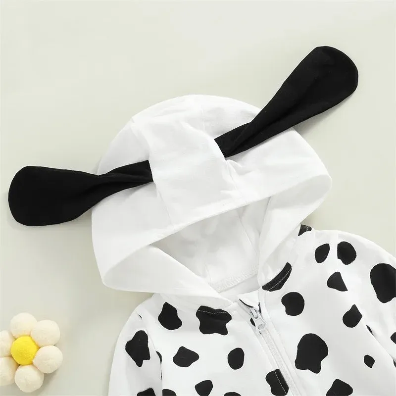 baby 0-18M Newborn Cow Footed Romper, Baby Hooded Romper Long Sleeve Cow Print