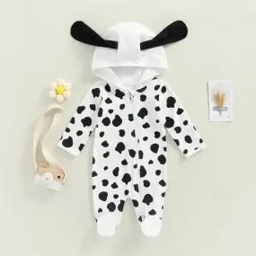 baby 0-18M Newborn Cow Footed Romper, Baby Hooded Romper Long Sleeve Cow Print