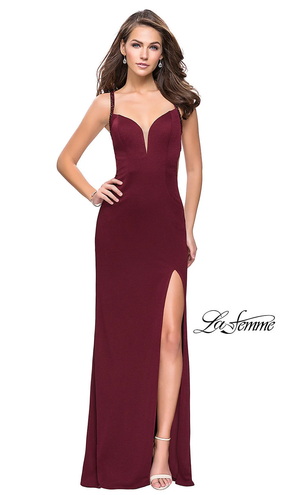 Beaded-Caged-Back La Femme Long Formal Dress