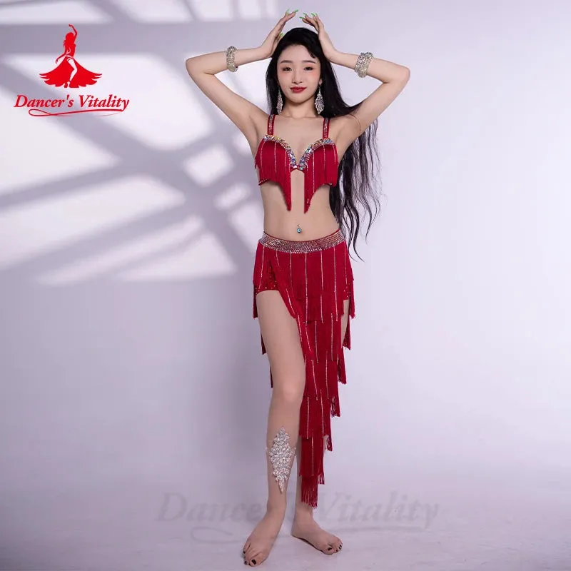 Belly Dance Performance Costume Set for Women Senior Bra 2 Sleeves long Skirt 3pcs Custom Oriental Belly Dancing Wear Outfit