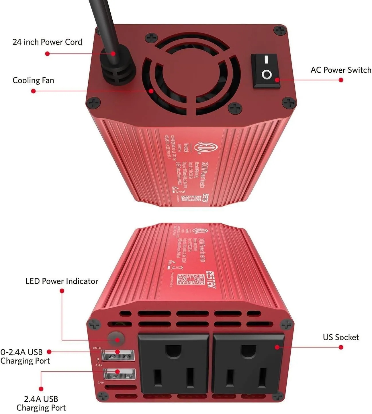 Bestek 300W Power Inverter DC 12V to 110V AC Car Inverter with 4.2A Dual USB Charging Ports Car Adapter