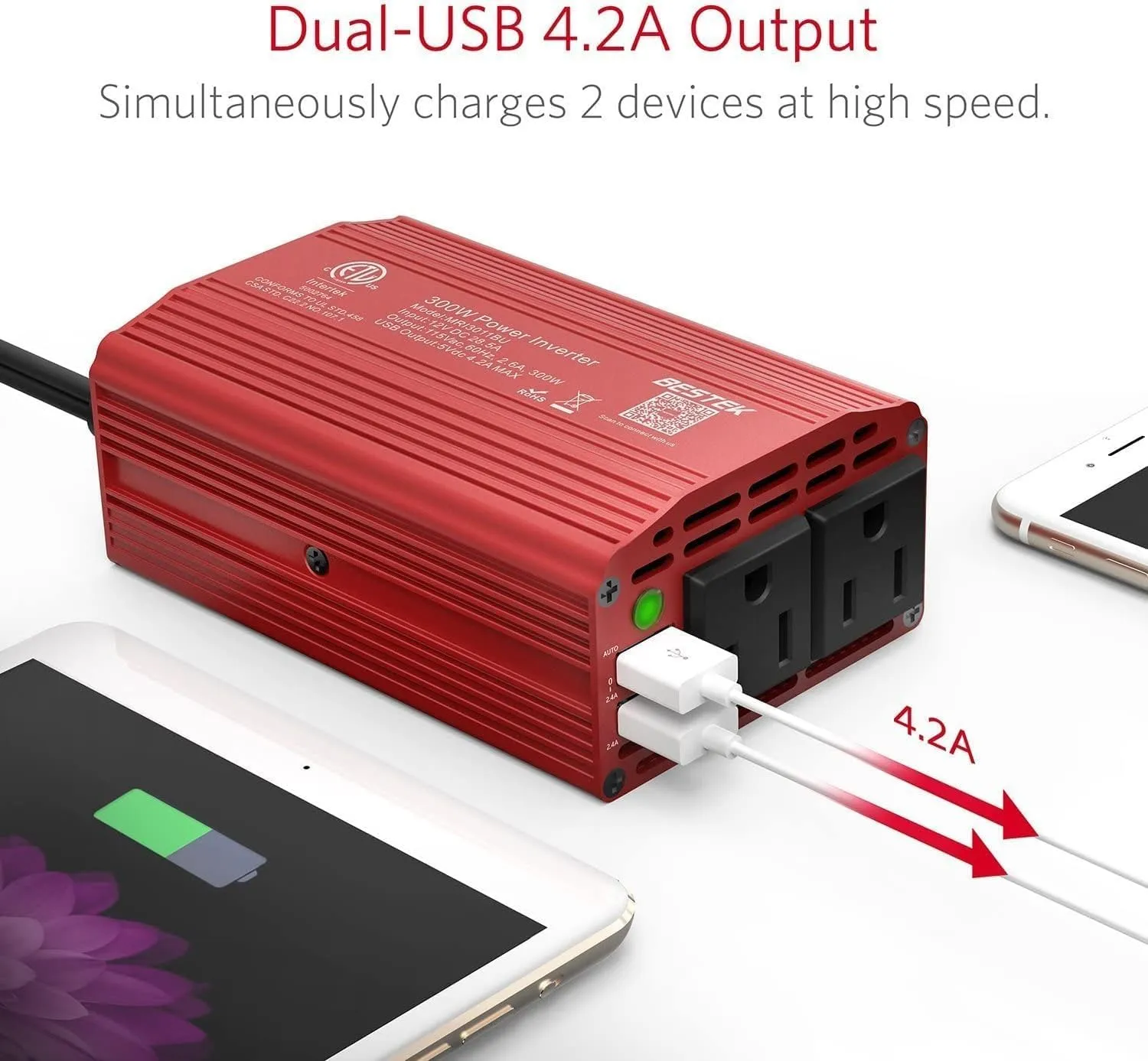 Bestek 300W Power Inverter DC 12V to 110V AC Car Inverter with 4.2A Dual USB Charging Ports Car Adapter