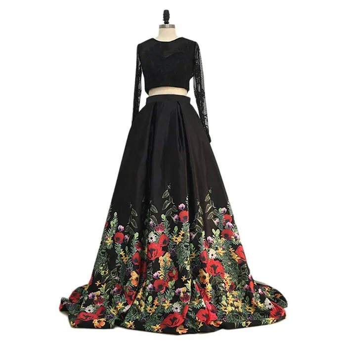 Black Long Sleeves Two Pieces Elegant Affordable Long Prom Dresses, WG1025