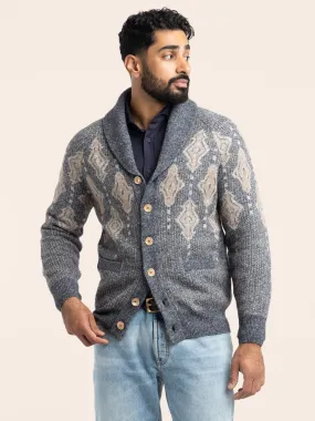 Blue Geometric Jacquard Cardigan