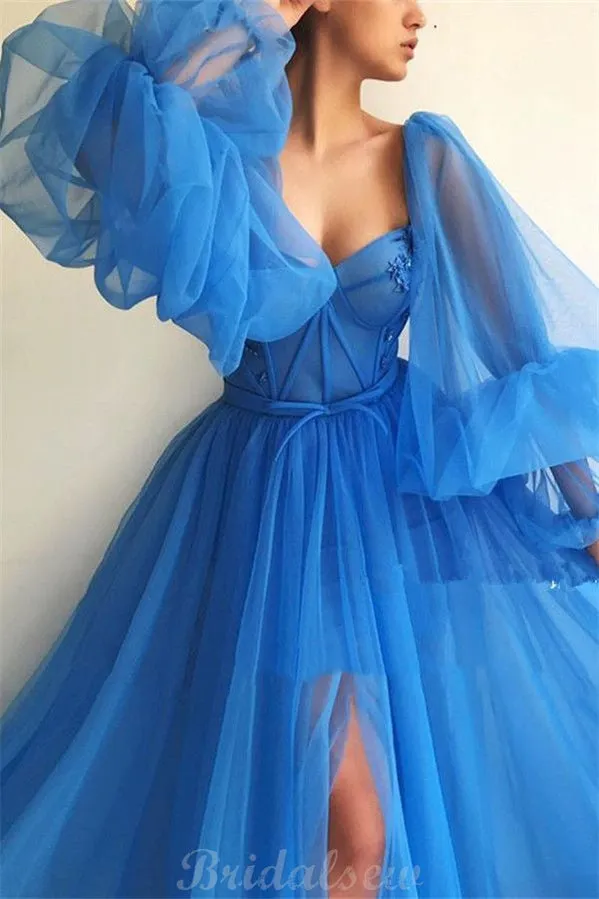 Blue Long Sleeves Tulle Side Slit Long Modest Evening Prom Dresses Online PD090