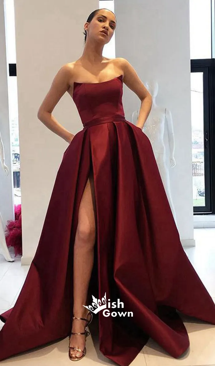 Burgundy Side Slit Simple Satin Elegant Long Prom Dress, SG133