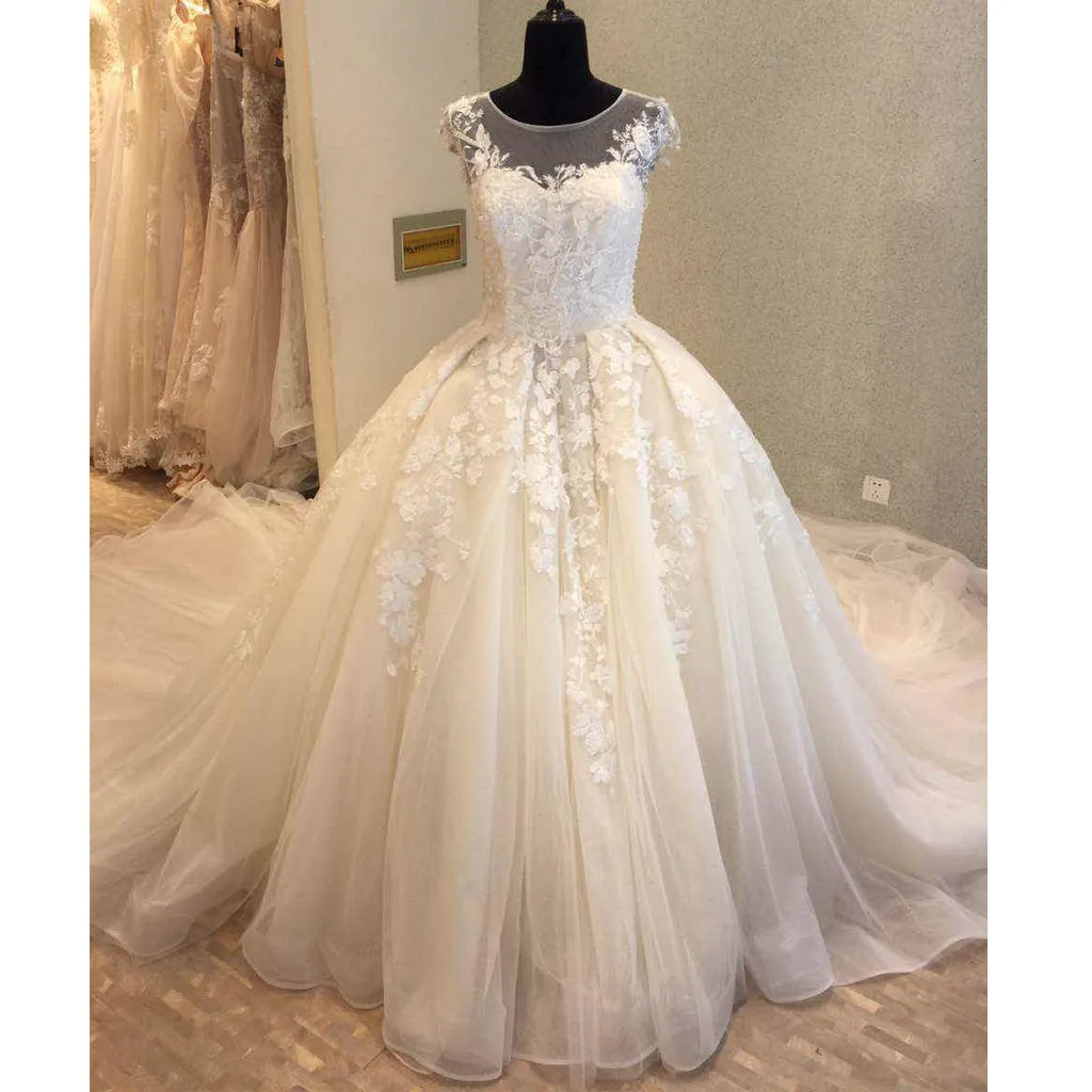 Cap Sleeve Charming Applique Tulle Long Wedding Dresses, WG1228