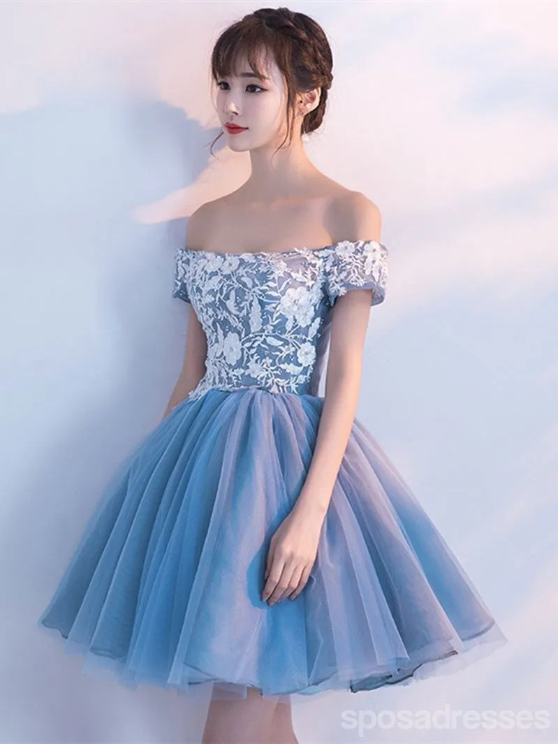 Cheap Blue Off Shoulder Lace Cute Homecoming Dresses, CM446