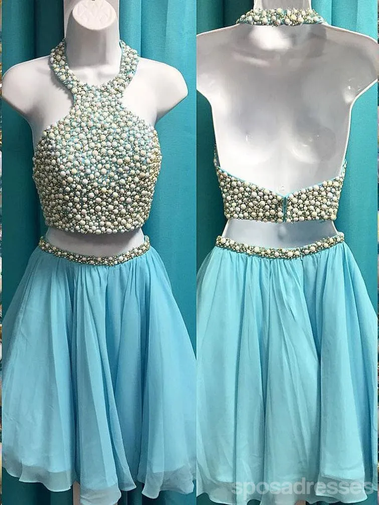 Cheap Halter Two Piece Rhinestone Blue Homecoming Dresses 2018, CM498