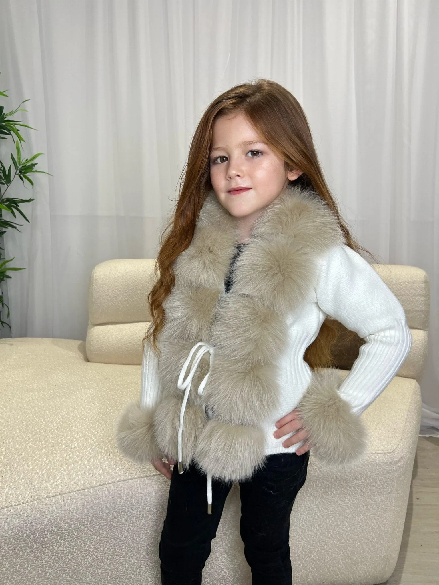 Childrens Cream/Beige Luxury Fur Cardigan