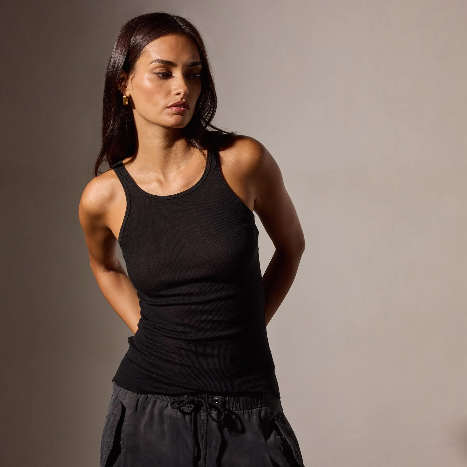 Cotton Cashmere Blend Ribbed Tank - Black