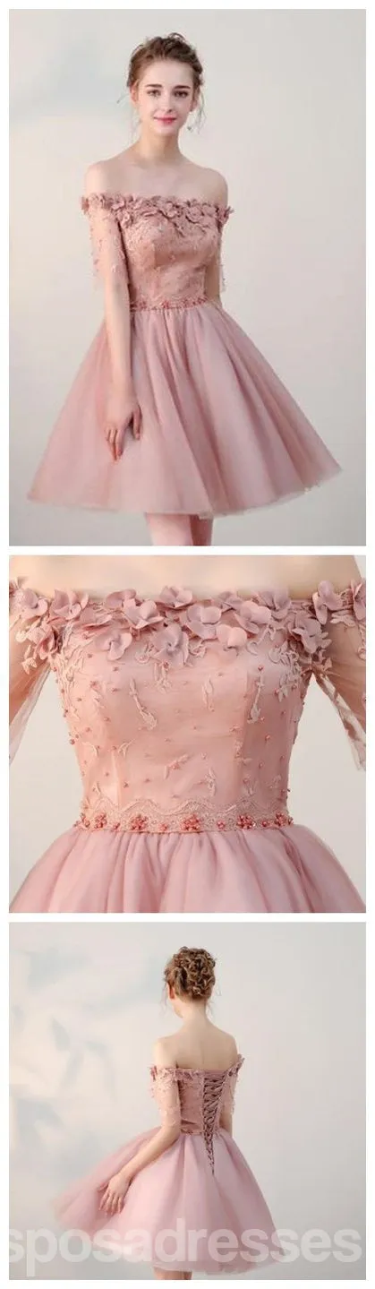 Dusty Pink Off Shoulder Short Sleeves Cheap Homecoming Dresses 2018, CM546