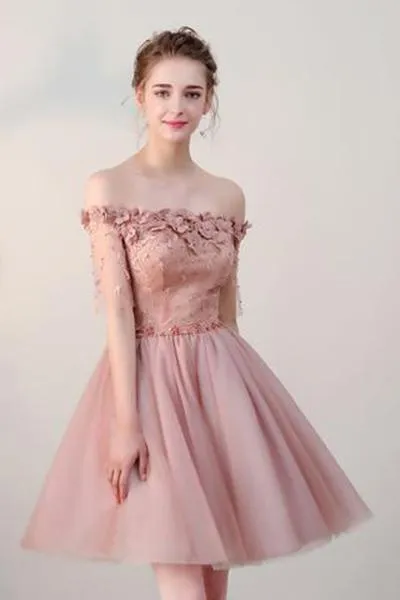 Dusty Pink Off Shoulder Short Sleeves Cheap Homecoming Dresses 2018, CM546