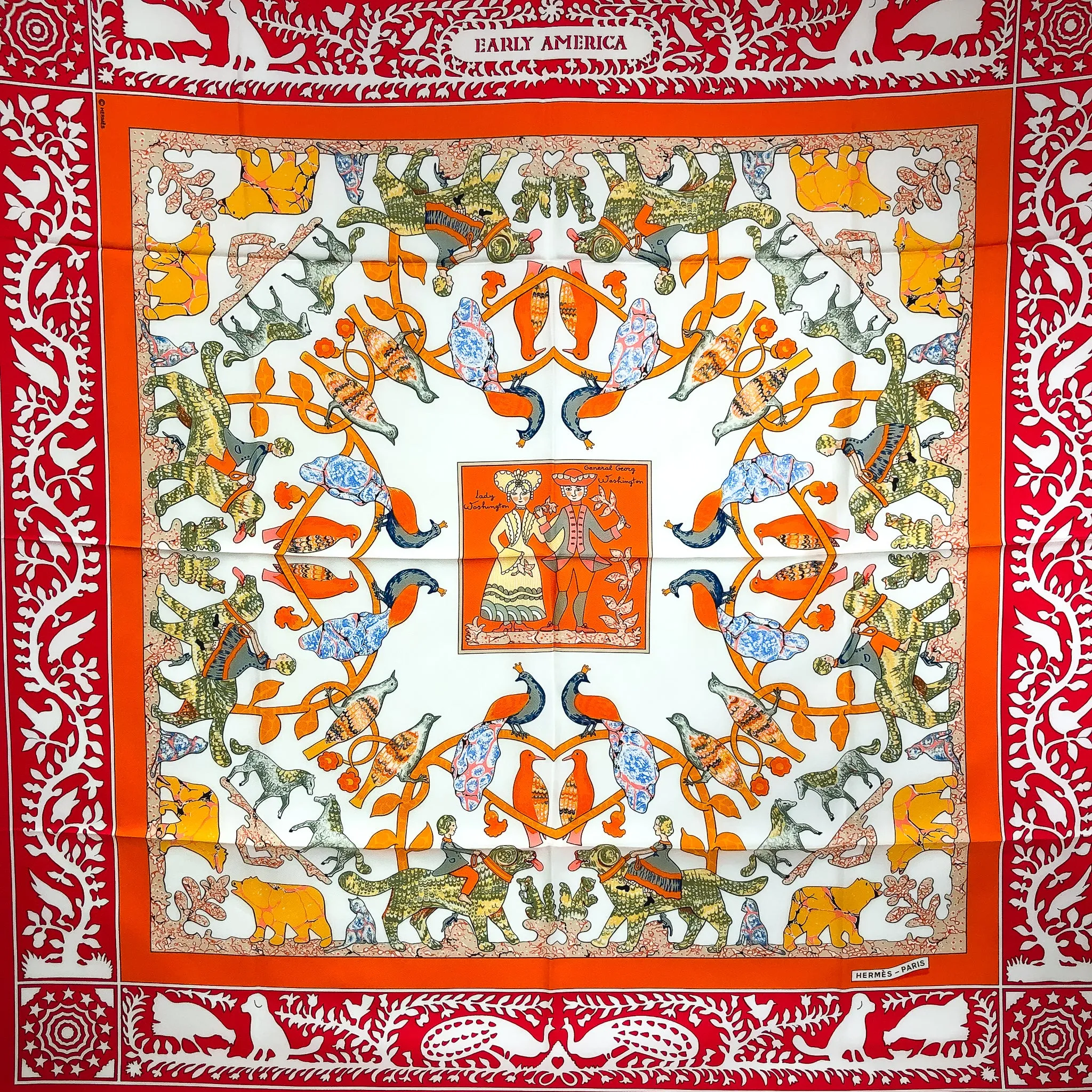 Early America Hermes Scarf by Francoise de la Perriere 90 cm Silk Twill Orange & Red Col.