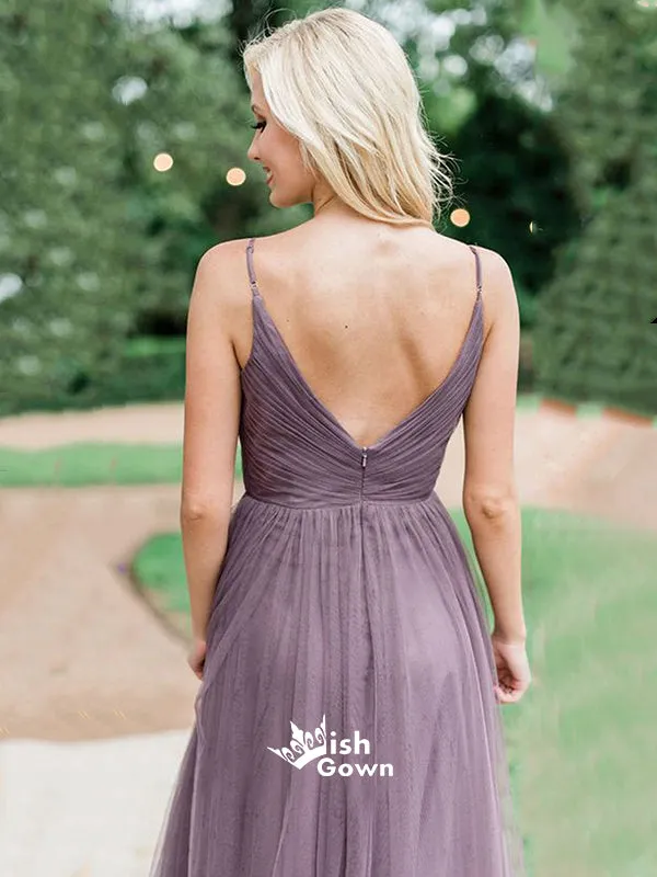 Elegant Purple V-neck Spaghetti Strap Long Bridesmaid Dresses, YPS137