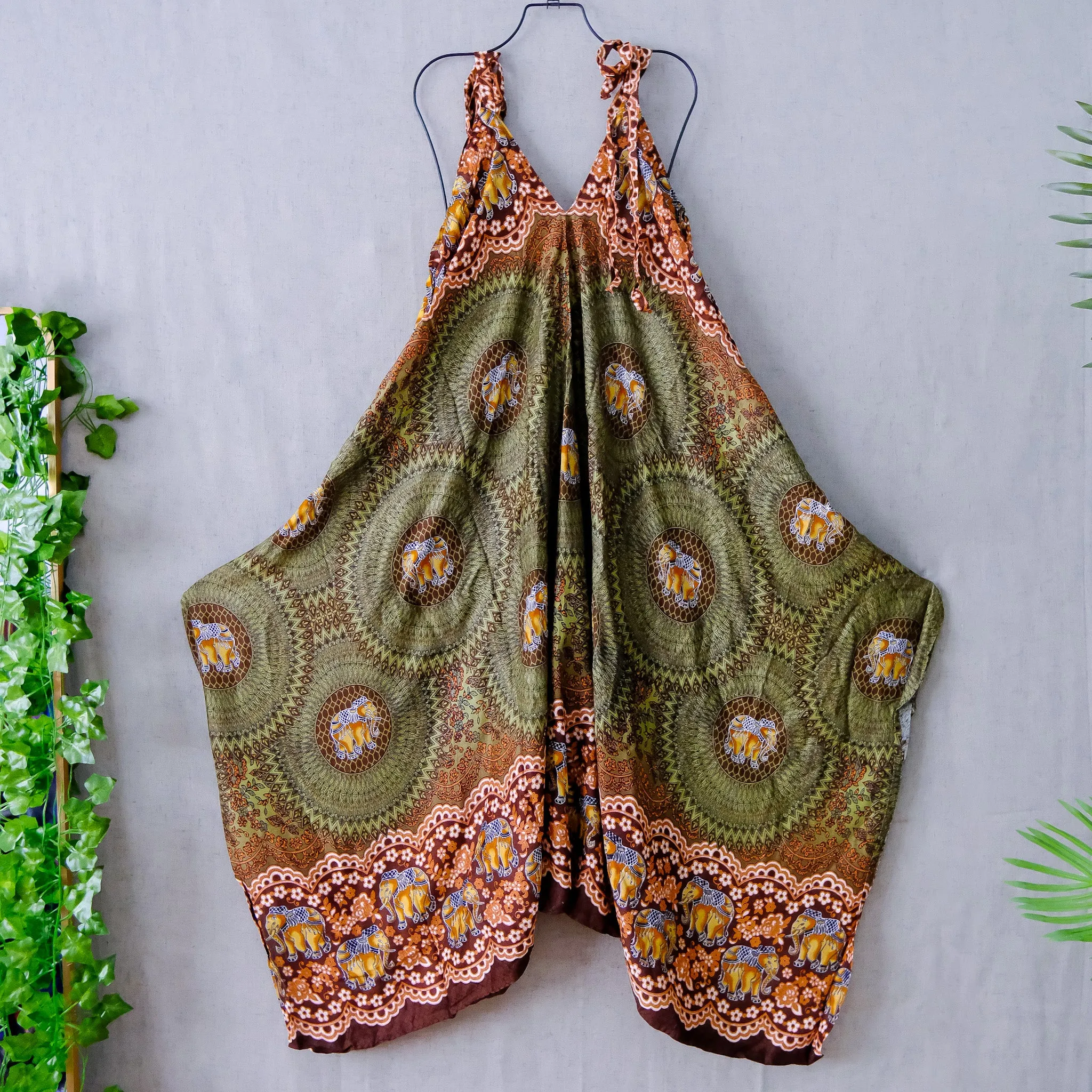 Elephant Print Low Crotch Bohemian Overalls