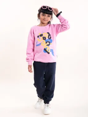 Girls Fleece Printed Round Neck Sweatshirt With Solid Track Pant Set