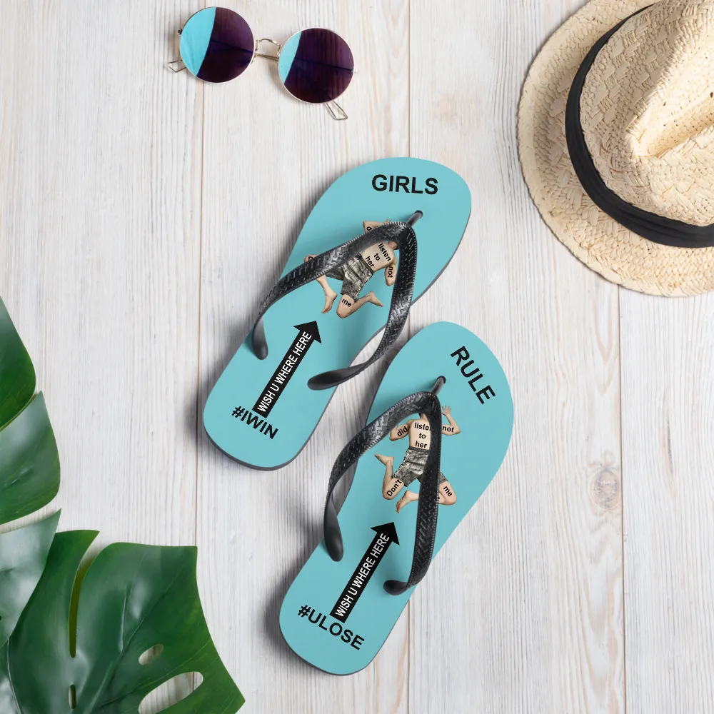 GIRLS RULE flip flops with CRUSHED TINY MAN underfoot robin egg blue fabric NEW (2020-05-10)