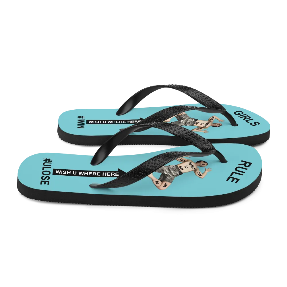 GIRLS RULE flip flops with CRUSHED TINY MAN underfoot robin egg blue fabric NEW (2020-05-10)