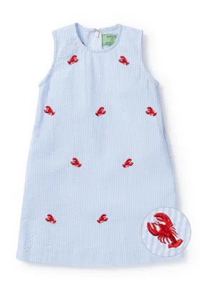 Girls Shift Dress Blue Seersucker with Lobster