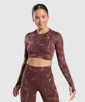 Gymshark Adapt Camo Seamless Long Sleeve Crop Top - Savanna | Cherry Brown