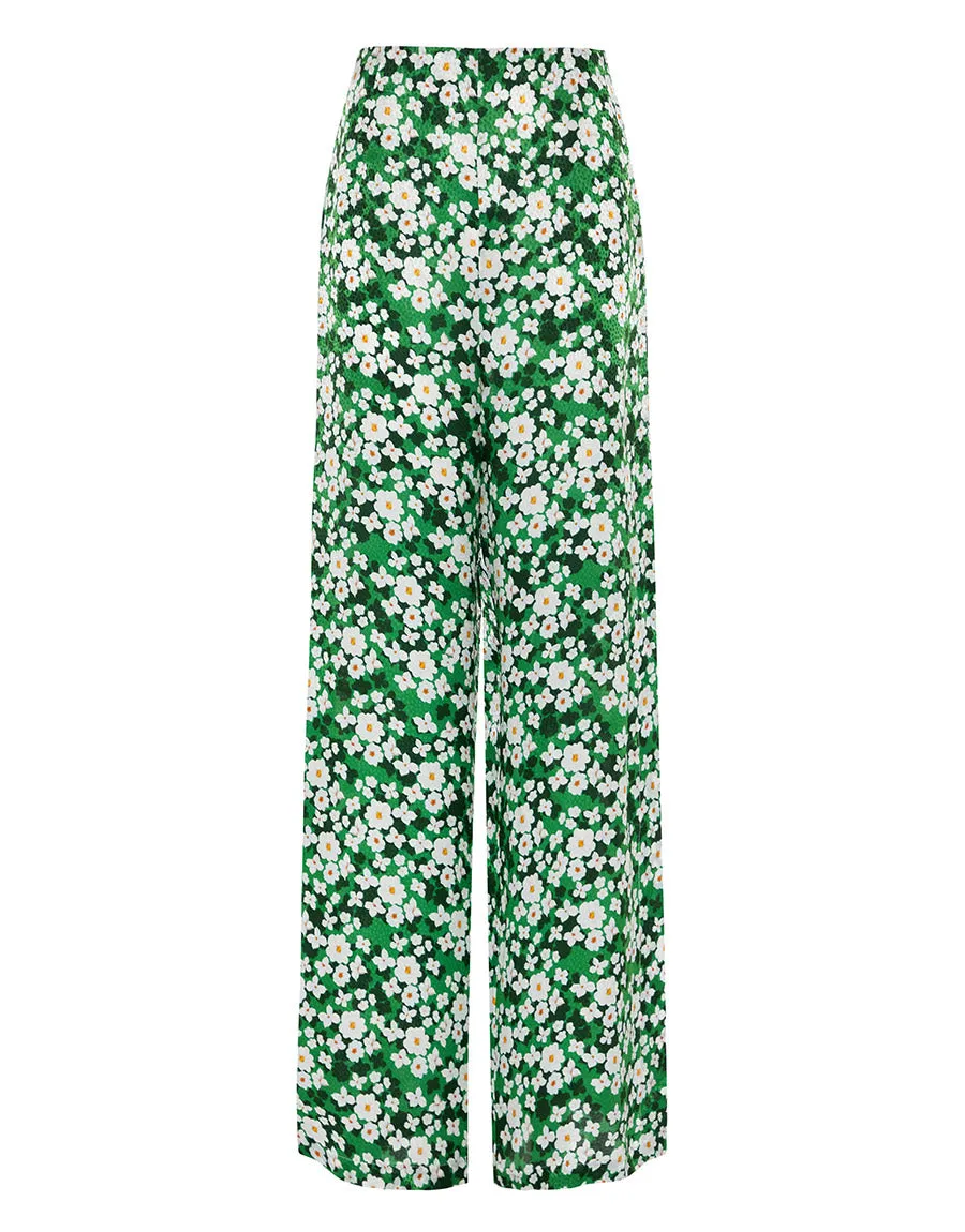 Halia Hammered Satin Trouser - Flower Burst Green