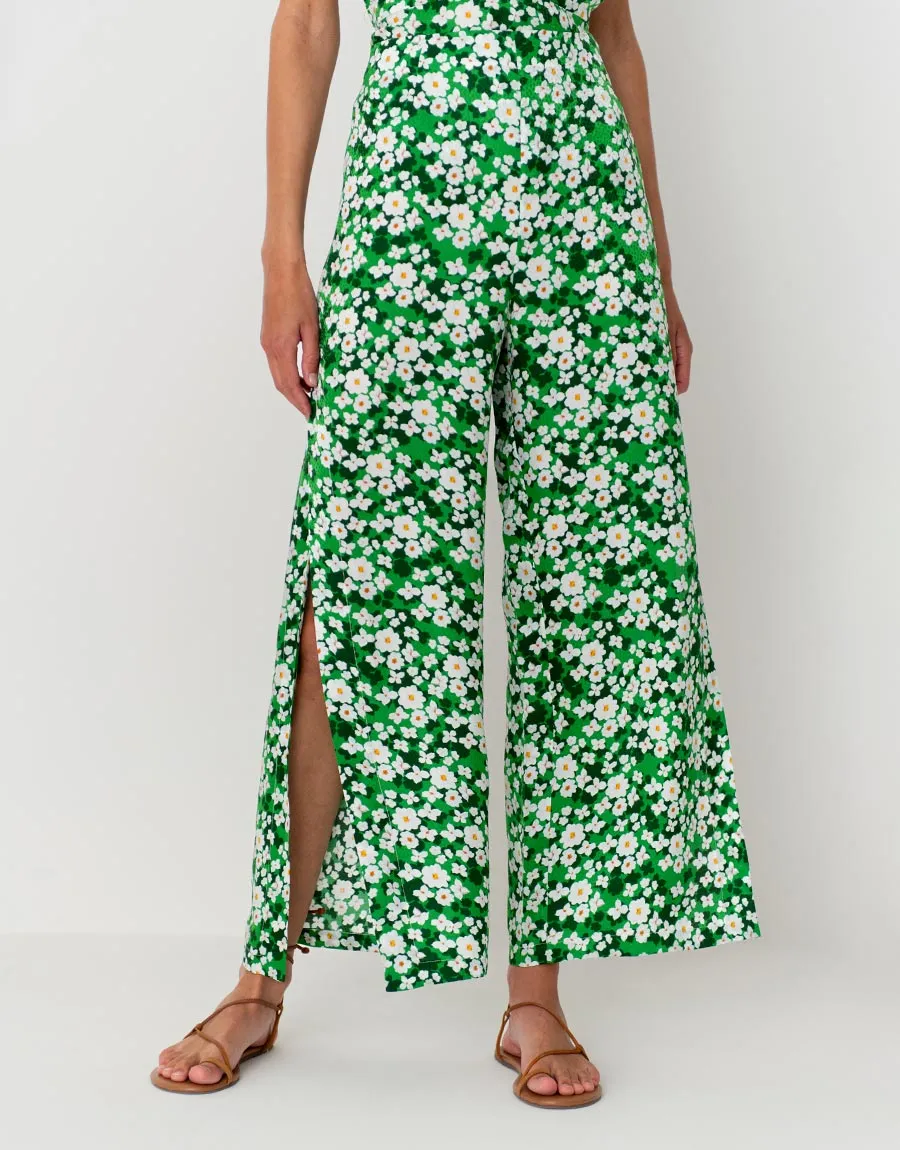 Halia Hammered Satin Trouser - Flower Burst Green