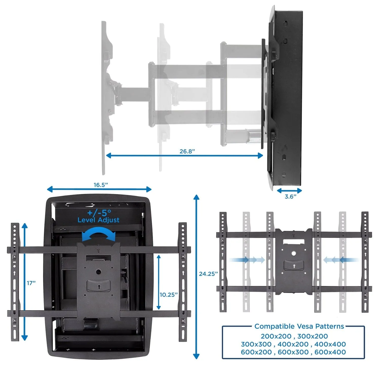 Heavy Duty Full Motion TV Wall Mount with Long Extension and Recessed Base