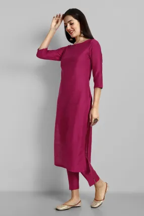 Hot Pink Boat Neck kurta with Elasticated Pant - Set of 2