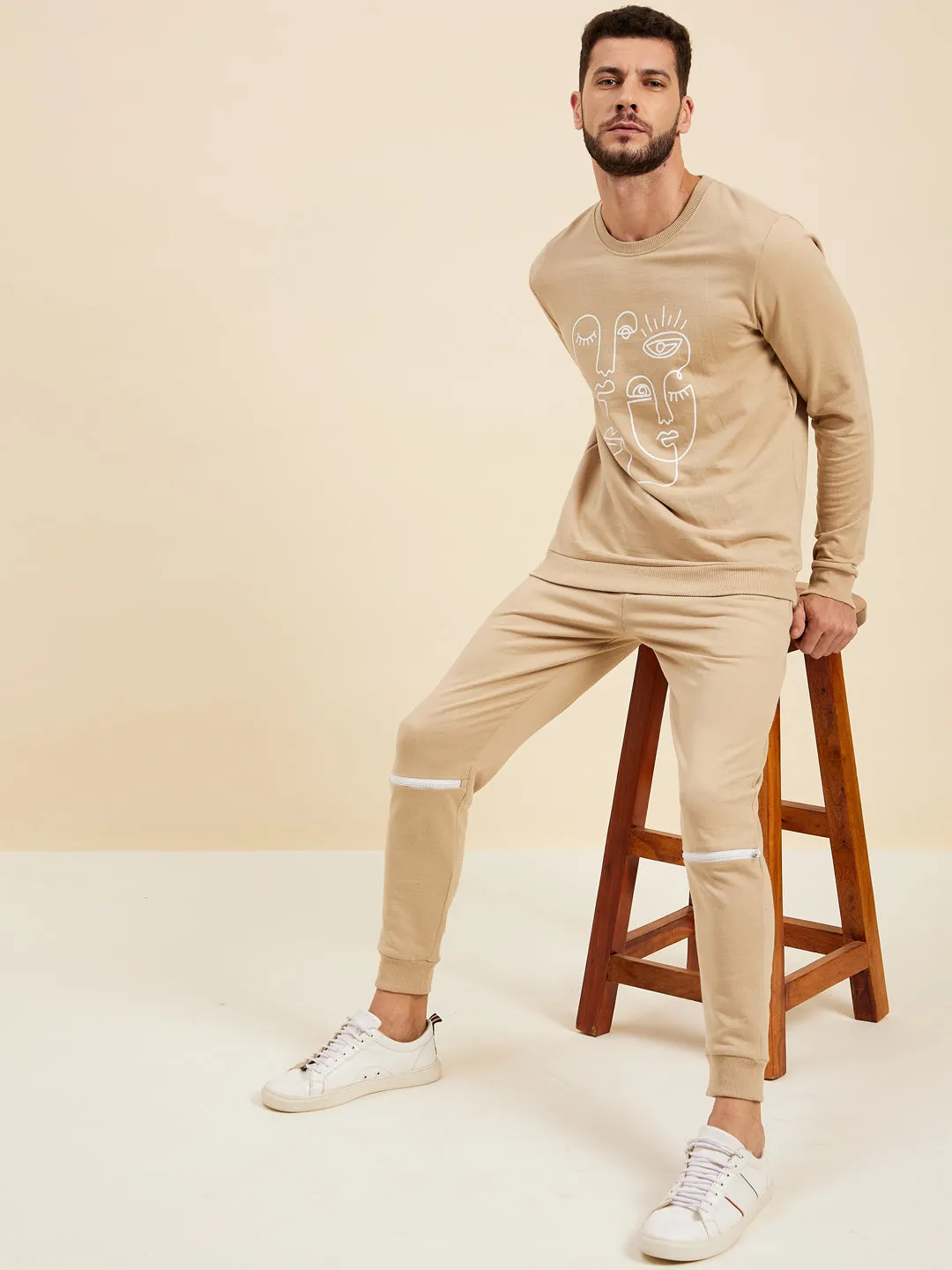 Men Beige Line Printed Sweatshirt