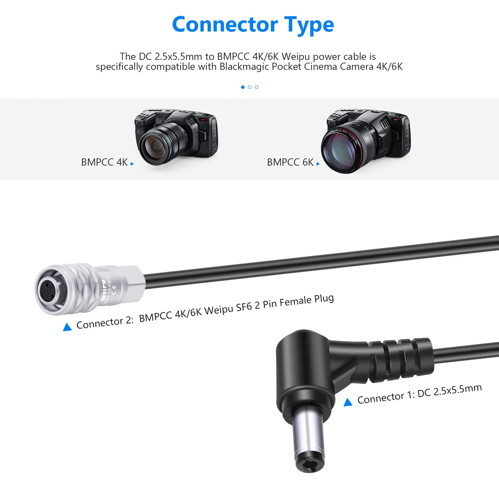 NEEWER 5.5x2.5mm DC to BMPCC 4K/6K Power Cable