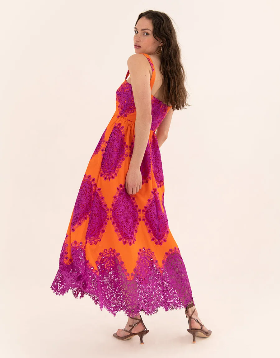 Ninet Lace Midi Dress - Orange/Fuchsia