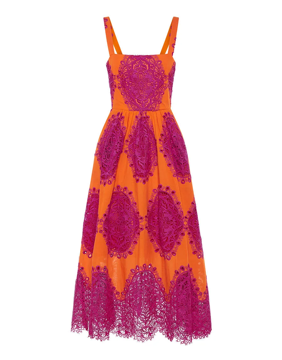 Ninet Lace Midi Dress - Orange/Fuchsia