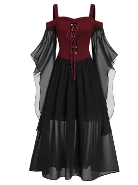 [Plus Size] 1950s Suspender Contrast Color Chiffon Strap Dress