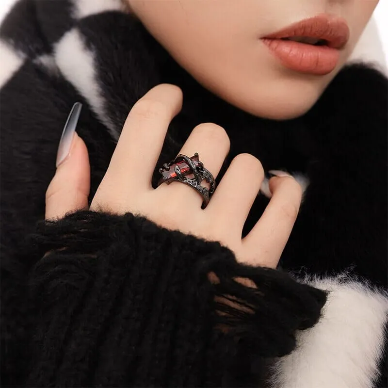 Punk Thorn Ruby Ring Black Resizable Ring